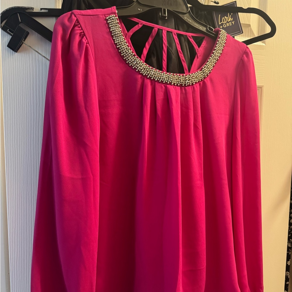 Mine Fuchsia Blouse with Silver Beaded Neckline